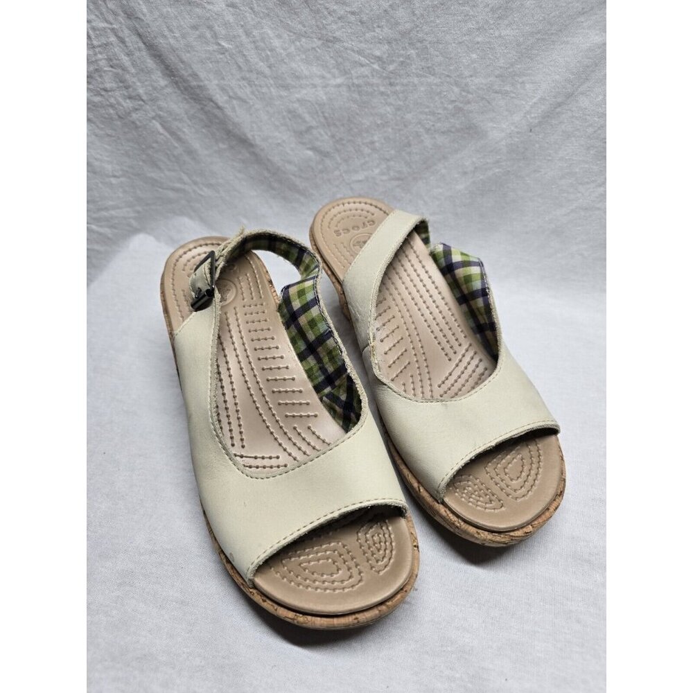 CROCS A-Leigh Beige Cork Wedge Sling Back Sandals Womens Size 7
